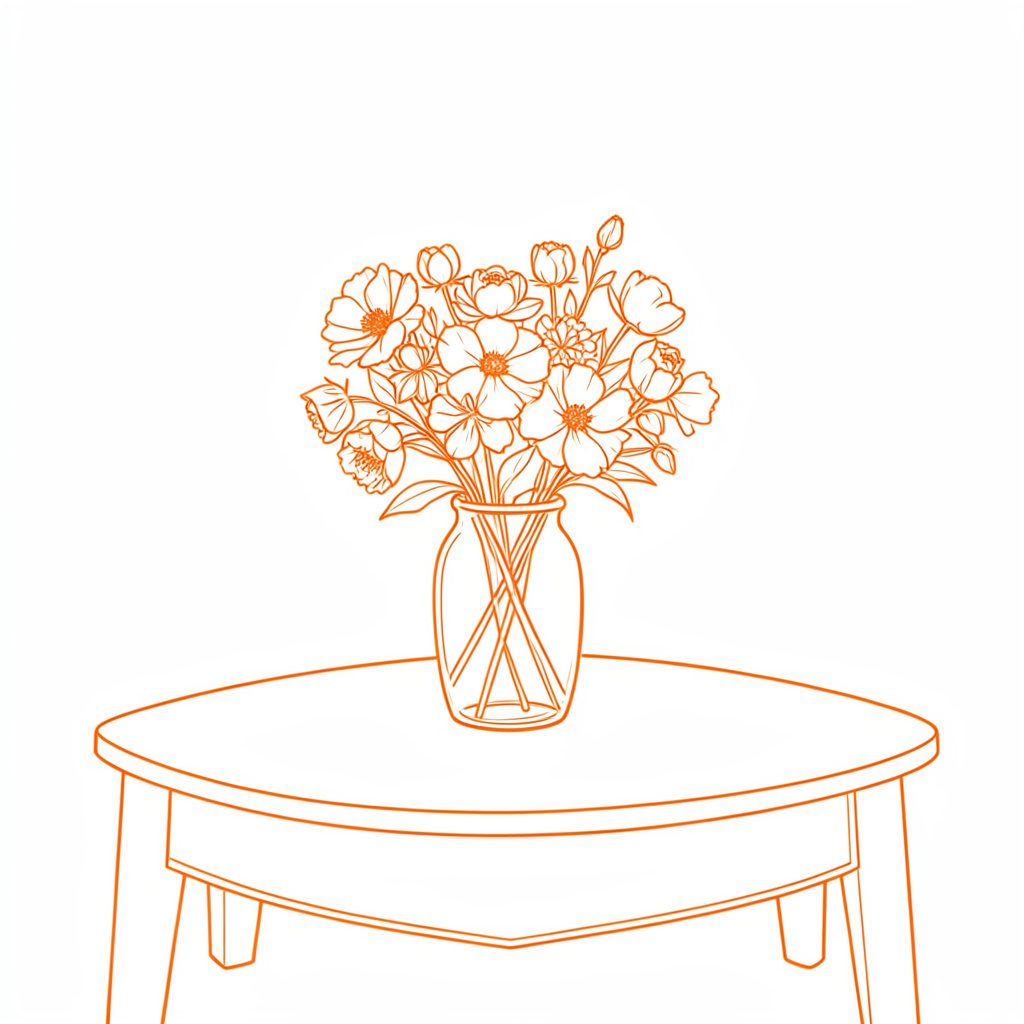 Coffee table styled with a fresh floral arrangement in a vase, soft natural light filling a cozy living room