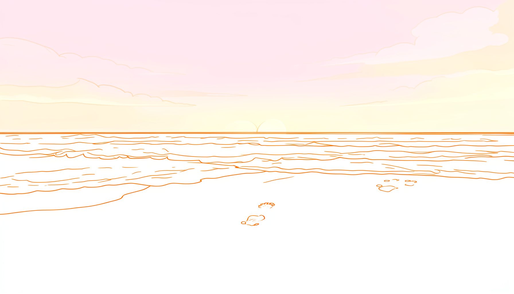 A serene tropical shoreline at sunset with gentle waves, soft pink and gold sky, and a single set of small footprints in the wet sand