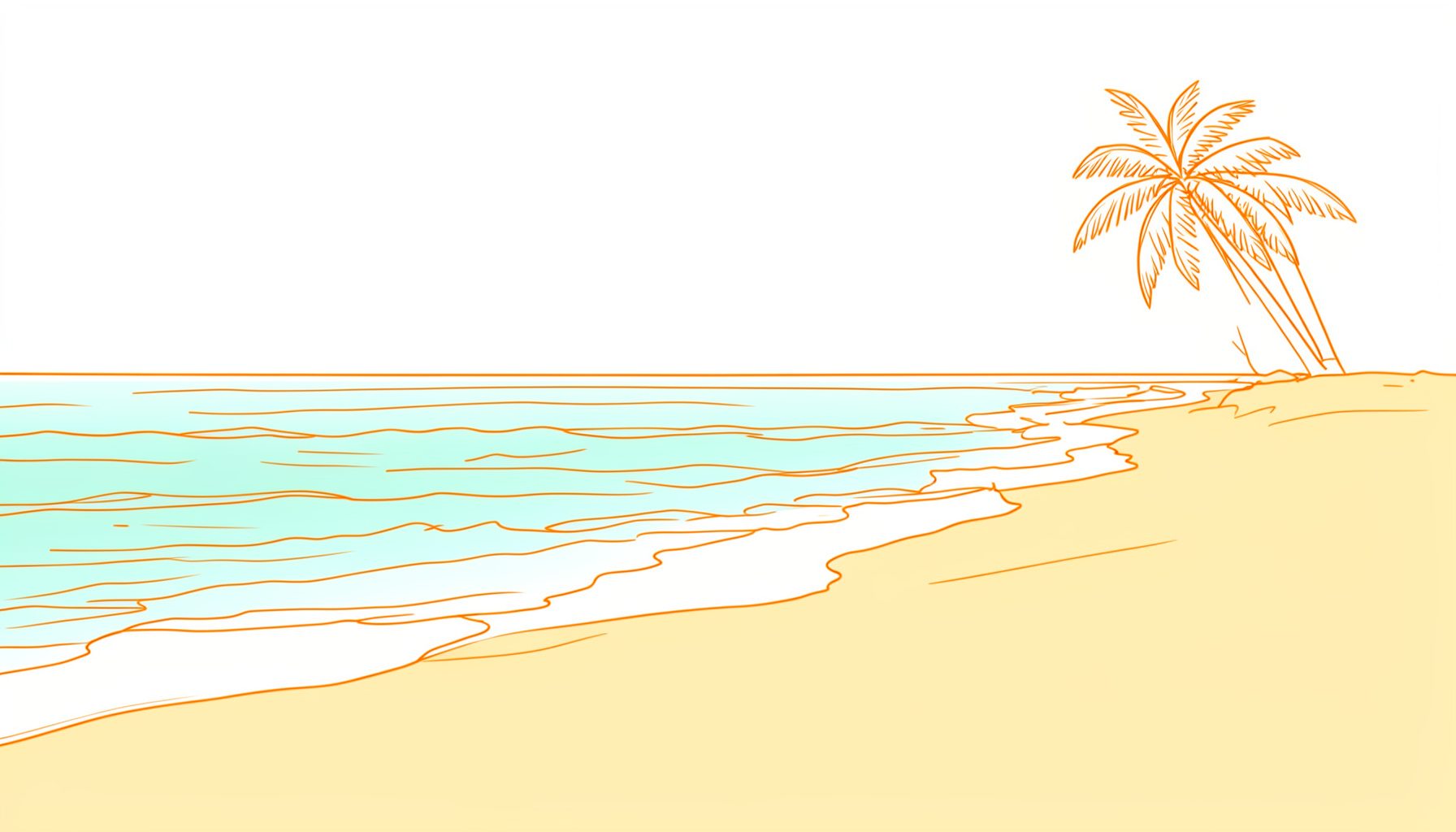 A warm, sunlit beach scene with soft golden sand, gentle turquoise waves, and a distant palm tree silhouette against a hazy sky