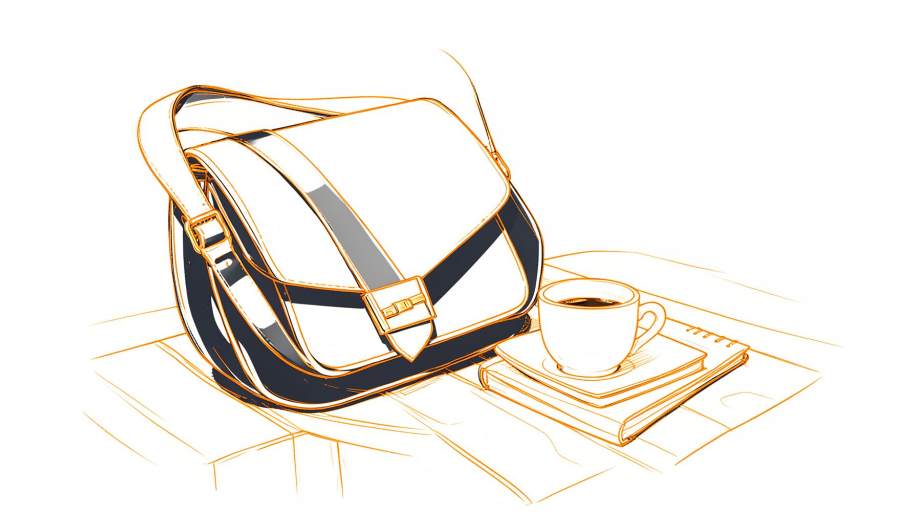 Warm, softly lit lifestyle scene with a crossbody bag resting on a wooden bench beside a coffee cup and a small notebook, in deep charcoal and cream tones with golden accents
